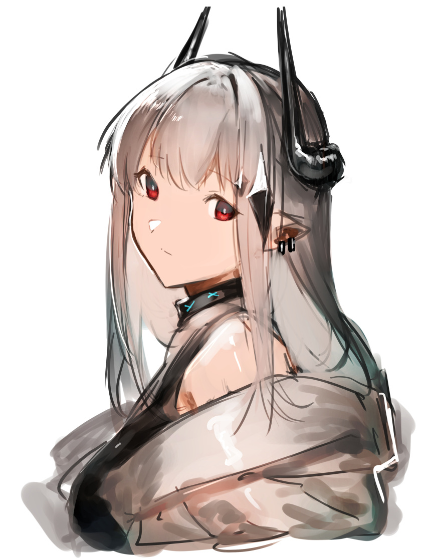 1girl absurdres arknights bangs closed_mouth ear_piercing highres horns infection_monitor_(arknights) konboutarou long_hair mudrock_(arknights) oripathy_lesion_(arknights) piercing pointy_ears portrait red_eyes silver_hair simple_background sketch solo sports_bra white_background