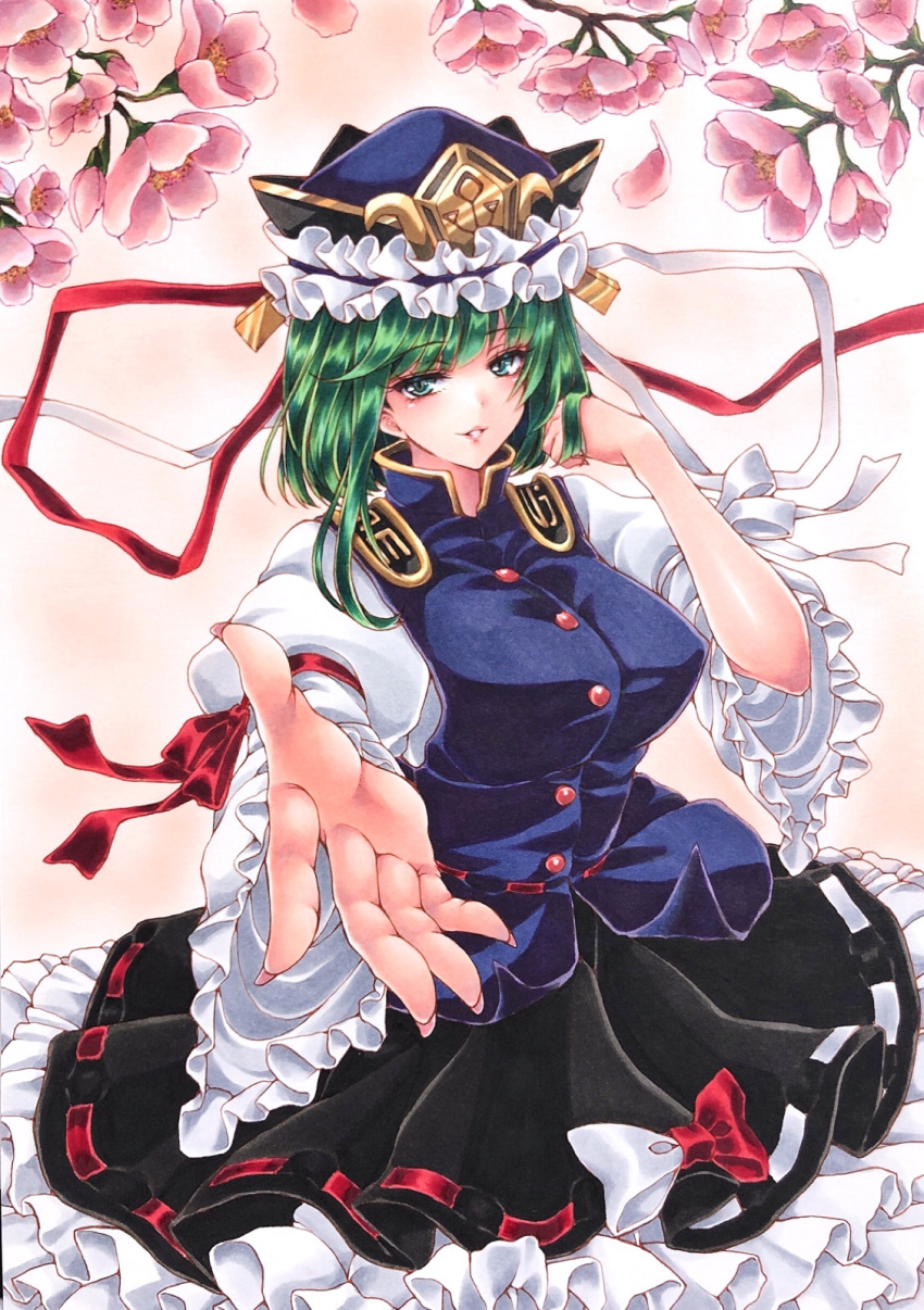 1girl arm_up asymmetrical_hair bangs black_skirt blue_vest blush breasts cherry_blossoms closed_mouth commentary_request eyebrows_visible_through_hair fingernails frilled_skirt frilled_sleeves frills gold_trim green_eyes hat hat_ribbon highres large_breasts lips long_hair long_sleeves looking_at_viewer marker_(medium) mktr_(princess_mktr) outstretched_arm petals petticoat pink_background red_ribbon ribbon shiki_eiki simple_background skirt solo touhou traditional_media upper_body vest white_ribbon white_sleeves wide_sleeves