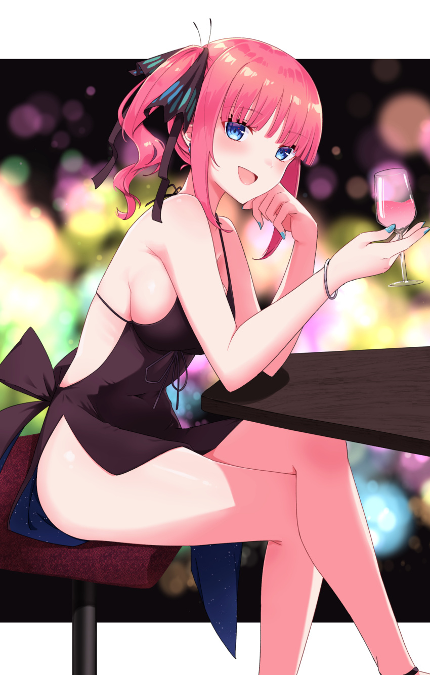 1girl :d bangs bare_legs black_dress black_ribbon blue_eyes blue_nails bracelet breasts commentary_request crossed_legs cup dress drinking_glass eyebrows_visible_through_hair feet_out_of_frame go-toubun_no_hanayome hair_ribbon hand_on_own_cheek hand_on_own_face hands_up head_rest highres holding holding_cup jewelry large_breasts long_hair looking_at_viewer nail_polish nakano_nino open_mouth pink_hair profnote ribbon side_ponytail sideboob sidelocks sitting sleeveless sleeveless_dress smile solo