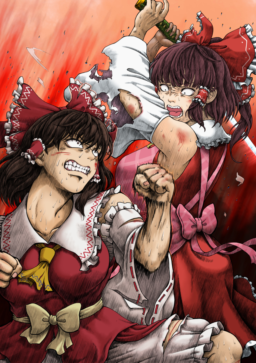 2girls apron bangs blood bloomers bow breasts brown_hair bruise clenched_hand clenched_teeth commentary_request constricted_pupils cookie_(touhou) cowboy_shot cuts detached_sleeves dress fighting frilled_bow frilled_hair_tubes frilled_shirt_collar frills hair_bow hair_tubes hakurei_reimu highres holding holding_sword holding_weapon injury kanna_(cookie) katana large_breasts looking_at_another medium_hair motion_lines multiple_girls open_mouth parasite_oyatsu pink_apron pink_bow red_bow red_dress red_shirt rurima_(cookie) shirt sleeveless sleeveless_dress sleeveless_shirt sweat sword teeth torn_bow torn_clothes torn_sleeves touhou underwear weapon white_sleeves