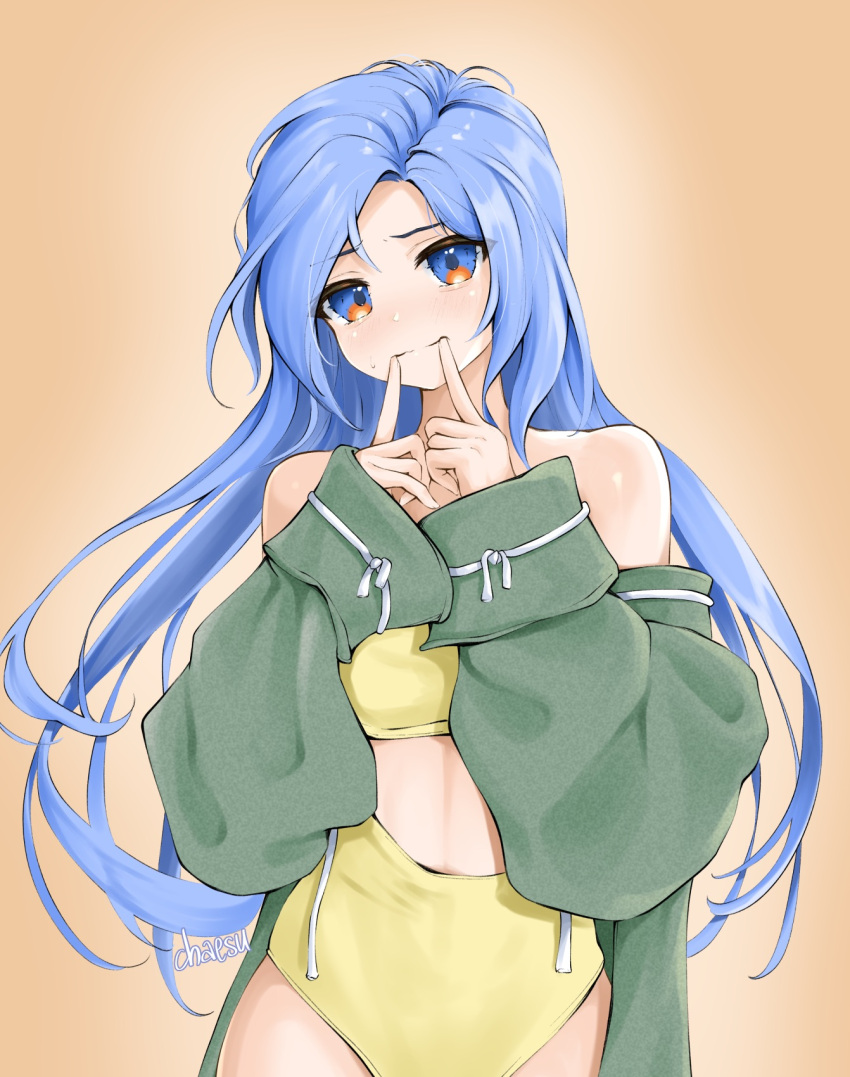 1girl artist_name bandeau bare_shoulders blue_eyes blue_hair brown_background chaesu commentary english_commentary green_jacket hands_up head_tilt highres jacket long_hair long_sleeves looking_at_viewer minah_(chaesu) off_shoulder original signature smile solo upper_body