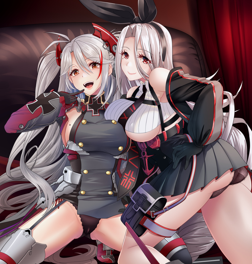 2girls absurdly_long_hair ass azur_lane black_gloves black_neckwear black_panties black_sleeves breasts buttons crop_top detached_sleeves double-breasted eyes_visible_through_hair finger_to_mouth garter_straps gloves hair_between_eyes hair_ribbon high-waist_skirt highres indoors iron_blood_(emblem) kogarasu1st lace-trimmed_panties lace_trim large_breasts long_hair looking_at_viewer looking_back mole mole_on_breast multicolored_hair multiple_girls necktie open_mouth panties pleated_skirt prinz_eugen_(azur_lane) prinz_heinrich_(azur_lane) red_eyes red_gloves redhead ribbed_shirt ribbon shirt side-tie_panties sideboob sitting skirt streaked_hair teeth thigh-highs two-tone_gloves two-tone_hair under_boob underwear upper_teeth very_long_hair white_hair