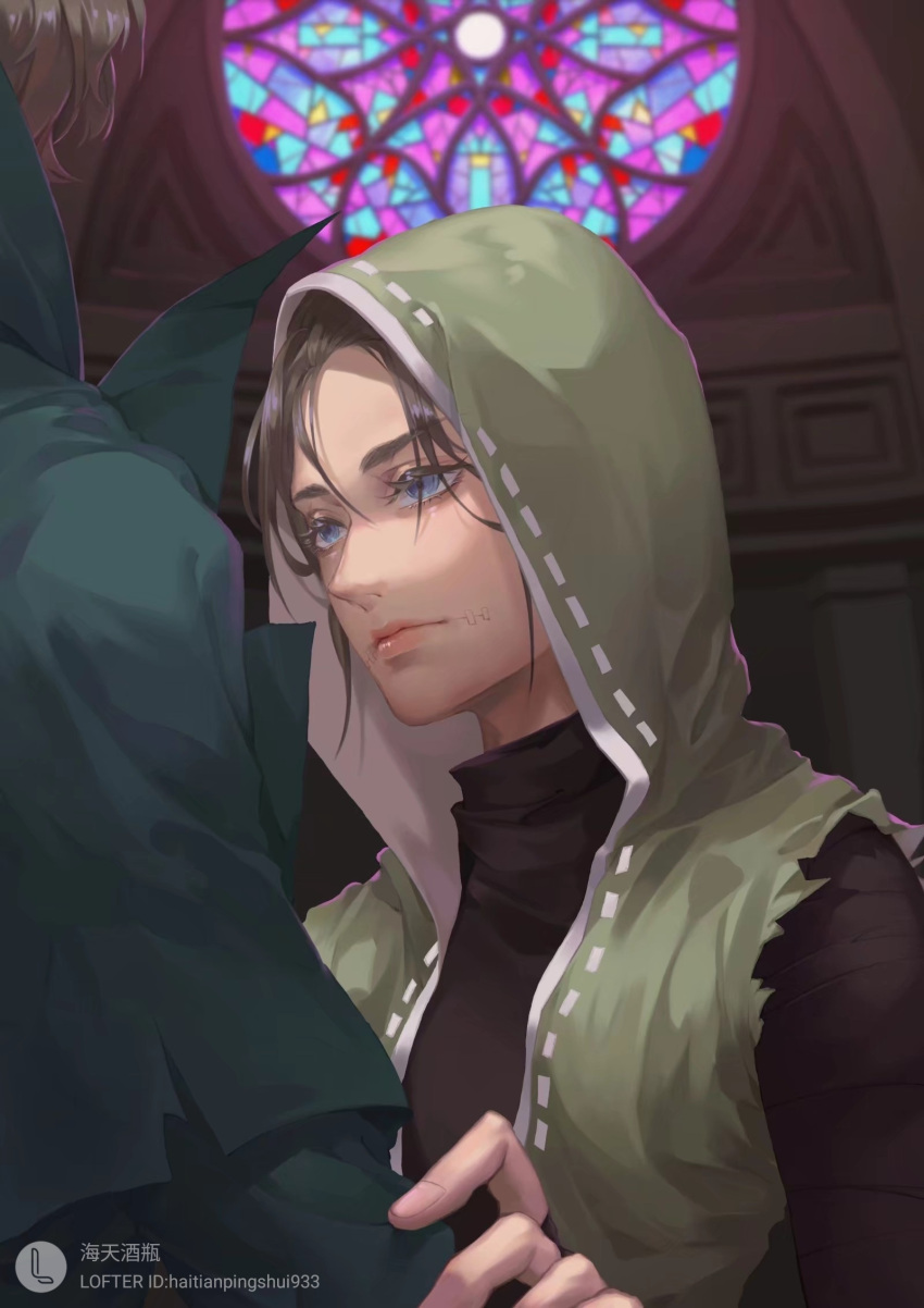 blue_eyes brown_hair church couple green_hoodie highres holding_hands hood hoodie identity_v indoors jack_(identity_v) looking_at_another naib_subedar realistic stained_glass stitched_mouth stitches torn_clothes upper_body