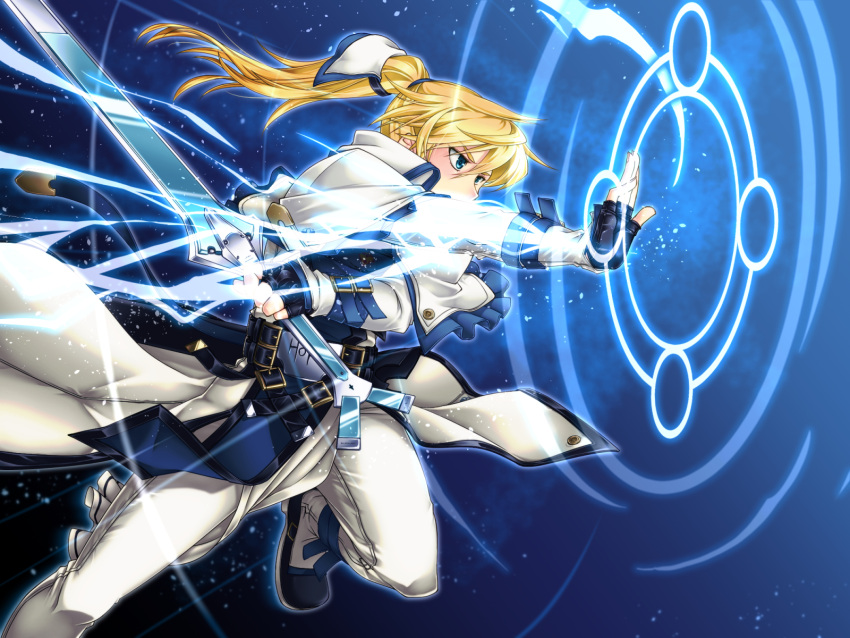 1boy arm_up belt black_background black_gloves blue_eyes electricity english_text fighting_stance fingerless_gloves gameplay_mechanics gloves guilty_gear guilty_gear_xrd hair_between_eyes highres huge_weapon ky_kiske lightning long_hair magic magic_circle male_focus multiple_belts orippa ponytail serious sword weapon wind