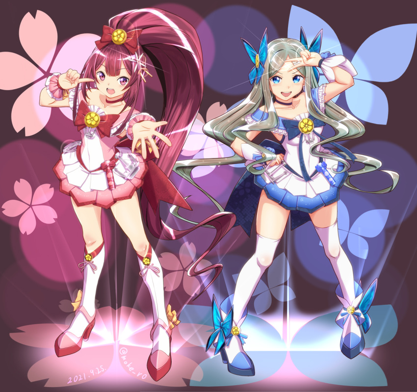 2girls alternate_costume anchor asakaze_(kancolle) blue_background blue_bow blue_choker blue_eyes blue_skirt blush boots bow choker cosplay cure_blossom cure_blossom_(cosplay) cure_marine cure_marine_(cosplay) dated dress eyebrows_visible_through_hair floral_background forehead full_body gift gradient gradient_background hair_bow hair_ornament heartcatch_precure! high_heel_boots high_heels high_ponytail highres kamikaze_(kancolle) kantai_collection kneehighs light_brown_hair long_hair magical_girl moke_ro multiple_girls open_mouth outstretched_arm pink_background pink_choker pink_dress precure purple_bow purple_footwear purple_hair short_sleeves skirt smile thigh-highs twitter_username very_long_hair violet_eyes wavy_hair white_dress white_legwear
