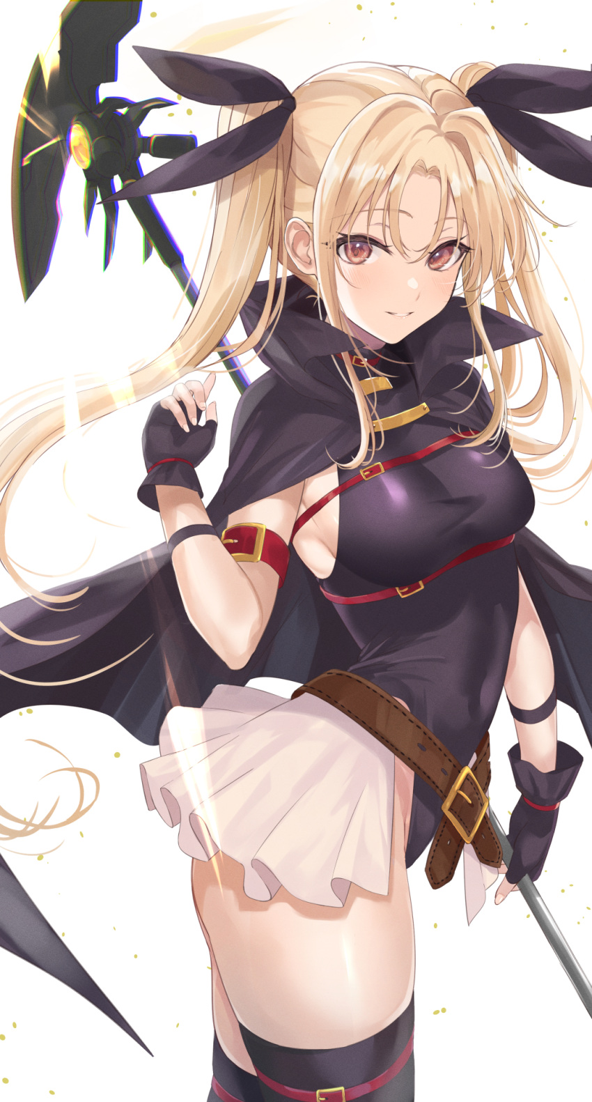 1girl bangs belt belt_buckle black_cape black_gloves black_legwear black_leotard blonde_hair breasts buckle cape commentary covered_navel fate_testarossa fingerless_gloves from_side gloves hand_up highres holding holding_staff leotard long_hair looking_at_viewer looking_to_the_side lyrical_nanoha mahou_shoujo_lyrical_nanoha medium_breasts mexif miniskirt parted_bangs parted_lips red_eyes showgirl_skirt sidelocks simple_background skirt smile solo staff thigh-highs thighs twintails white_background white_skirt
