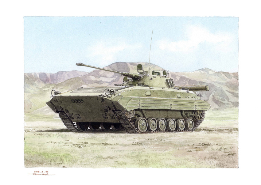 blue_sky bmp-2 commentary_request dated day framed ground_vehicle hill horikou military military_vehicle motor_vehicle no_humans original outdoors russia scenery signature sky soviet soviet_army