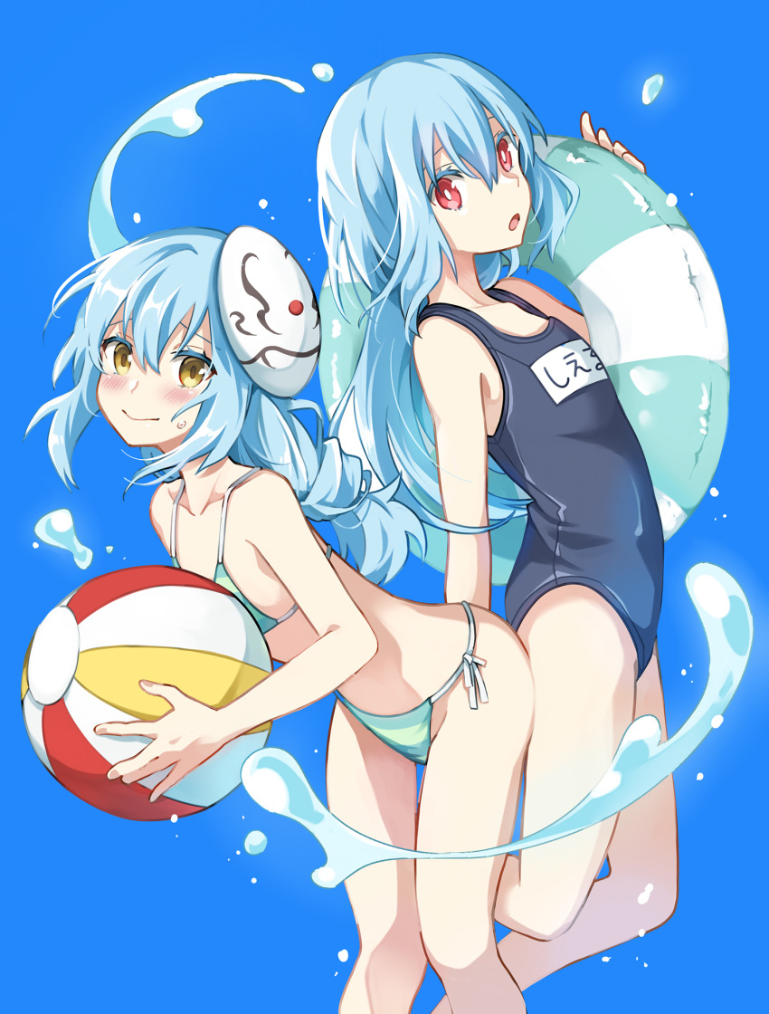2others androgynous bangs beach bikini blue_background blue_hair blush closed_mouth commentary_request eyebrows_visible_through_hair hair_between_eyes highres innertube long_hair looking_at_viewer mask mask_on_head multiple_others open_mouth red_eyes rimuru_tempest school_swimsuit shoura simple_background smile swimsuit tensei_shitara_slime_datta_ken yellow_eyes