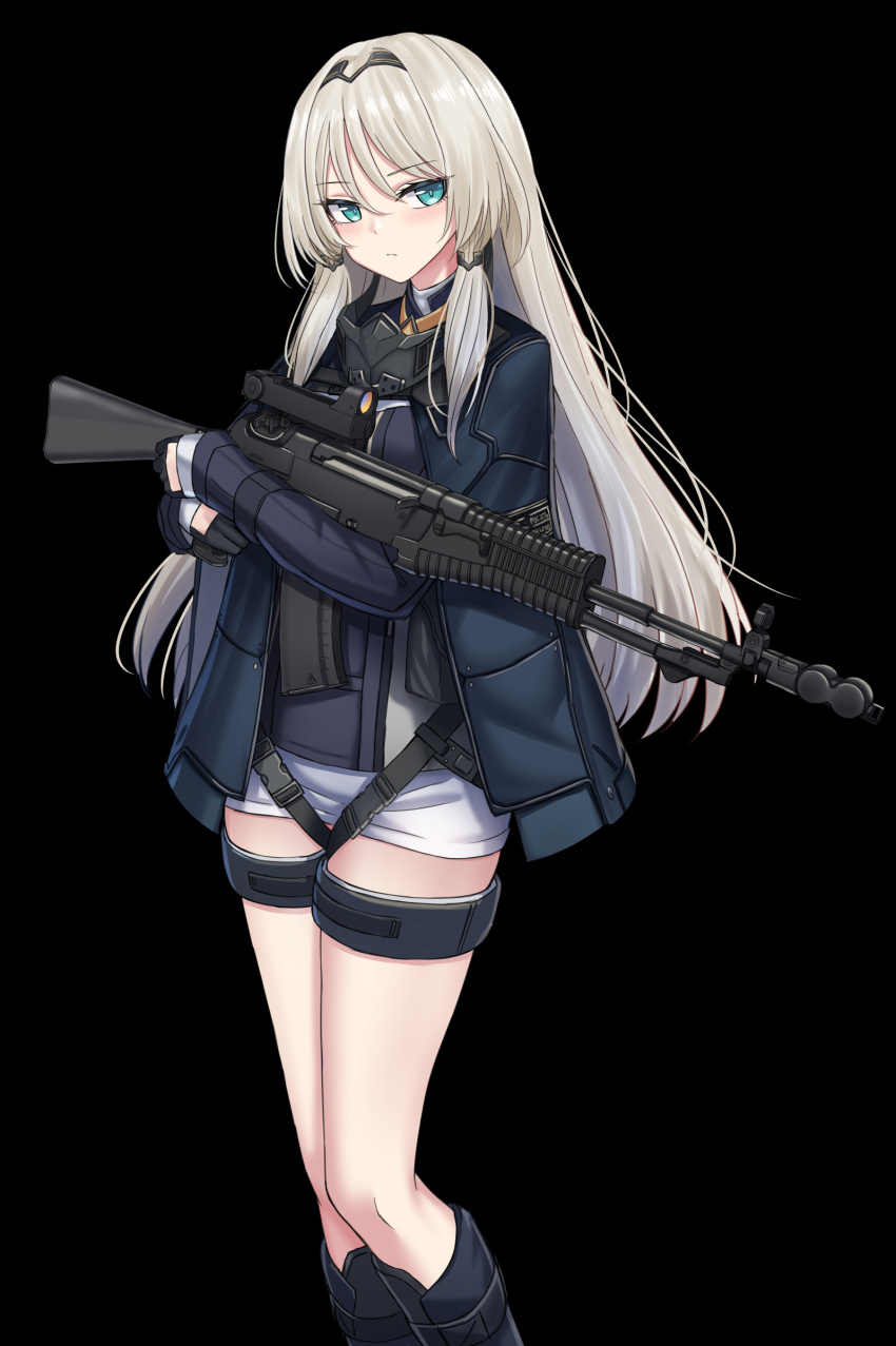 1girl absurdres an-94 an-94_(girls'_frontline) assault_rifle black_background black_gloves black_jacket blue_eyes eyebrows_visible_through_hair girls_frontline gloves gun half_gloves highres holding holding_gun holding_weapon jacket long_hair long_sleeves looking_at_viewer open_clothes open_jacket rifle simple_background solo weapon white_hair yakob_labo