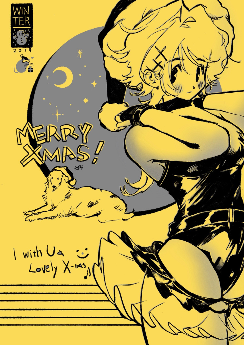 1girl 2019 arms_up black_gloves black_leotard cowboy_shot crescent_moon dog eighth_note english_text fingerless_gloves gloves hair_ornament hat highres leotard merry_christmas monochrome moon musical_note original santa_hat smiley_face solo soreeyu_(sore-yu) x_hair_ornament yellow_theme