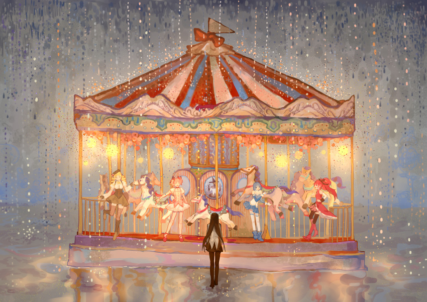 :d absurdres akemi_homura black_hair blonde_hair blue_hair carousel dancing drill_hair highres homulilly kaname_madoka l-blanca long_hair magical_girl mahou_shoujo_madoka_magica mahou_shoujo_madoka_magica_movie miki_sayaka open_mouth pink_hair ponytail rain redhead sakura_kyouko short_hair smile solo_focus tomoe_mami twin_drills twintails