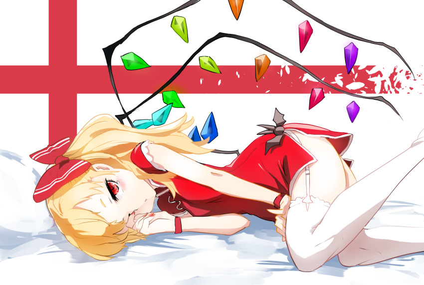 1girl adapted_costume alternate_hairstyle bed blonde_hair blush bow breasts cross crystal dress flandre_scarlet frills garter_straps hair_bow hand_on_own_thigh highres jitome long_hair looking_at_viewer lying nail_polish on_side one_eye_closed ponytail red_dress red_eyes red_nails ribbon short_dress short_sleeves side_slit sinzan small_breasts solo tears thigh-highs touhou white_legwear wide_hips wings zettai_ryouiki