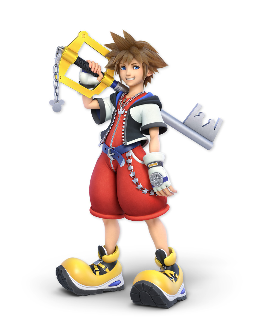 1boy 3d artist_request bangs blue_eyes brown_hair chain collarbone crotch_zipper disney fingerless_gloves full_body gloves grin happy highres holding holding_sword holding_weapon hood hood_down hooded_jacket jacket jewelry keyblade kingdom_hearts kingdom_hearts_i looking_at_viewer male_focus mickey_mouse necklace official_art open_clothes open_jacket over_shoulder red_jumpsuit shoes short_hair short_sleeves sidelocks smile solo sora_(kingdom_hearts) spiky_hair square_enix super_smash_bros. sword teeth transparent_background v-shaped_eyebrows weapon weapon_over_shoulder white_gloves wide_sleeves yellow_footwear zipper zipper_pull_tab