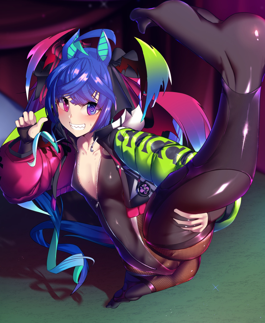 1girl @_@ absurdres aqua_hair baggy_clothes bangs big_shine blue_eyes blue_hair breasts bridal_gauntlets collarbone colorful covered_nipples crotch_seam drawstring fishnets flexible from_above full-length_zipper full_body green_hair grin highres hood hood_down hoodie leg_hold leg_lift leg_up leotard long_hair long_sleeves looking_at_viewer looking_up multicolored multicolored_eyes multicolored_hair outstretched_legs partially_unzipped pink_eyes sharp_teeth shiny shiny_clothes small_breasts smile solo split spread_legs standing standing_on_one_leg standing_split sweat teeth textless thigh-highs tiptoes twin_turbo_(umamusume) umamusume very_long_hair wide_spread_legs zipper zipper_pull_tab