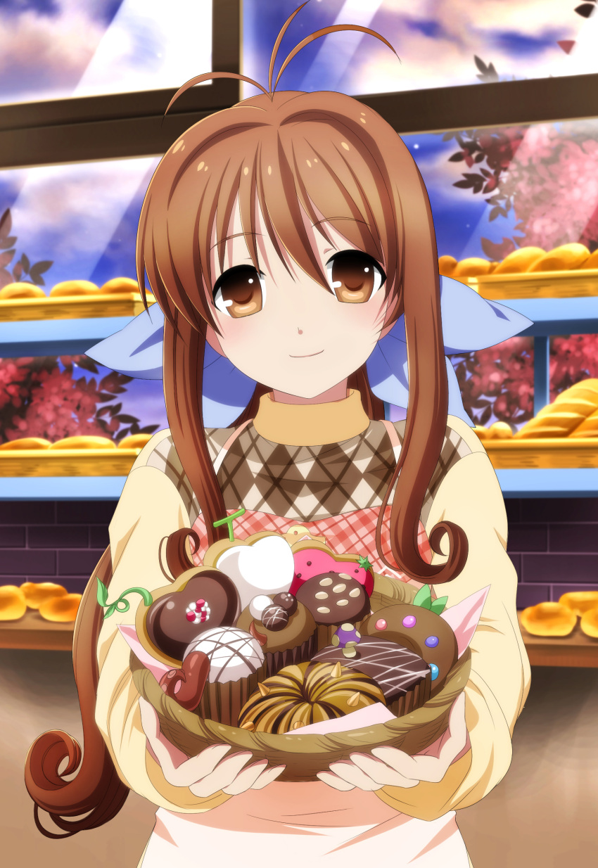 1girl absurdres antenna_hair argyle argyle_sweater artist_request bread brown_eyes brown_hair clannad commentary_request cupcake doughnut food furukawa_sanae hair_ribbon highres long_hair looking_at_viewer ponytail ribbon solo sweater upper_body