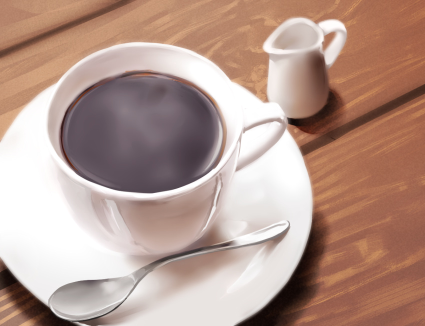 coffee commentary_request cup derivative_work drink food_focus kuro_kosyou no_humans original saucer spoon