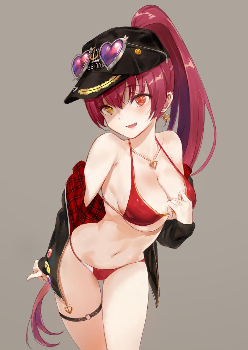 1girl absurdres bangs baseball_cap bikini black_jacket breasts earrings eyebrows_visible_through_hair eyewear_on_headwear fang grey_background halter_top halterneck hat heart heart-shaped_eyewear heterochromia high_ponytail highres hololive houshou_marine jacket jewelry large_breasts leaning_forward long_hair long_sleeves looking_at_viewer navel necklace open_clothes open_jacket red_bikini red_eyes redhead simple_background smile solo string_bikini sunglasses swimsuit tabo55555 thigh_strap under_boob very_long_hair virtual_youtuber yellow_eyes zipper zipper_pull_tab
