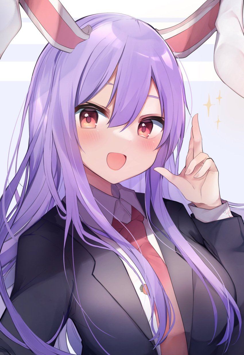1girl :d animal_ears bangs black_jacket blazer blue_background blush breasts carrot_pin collared_shirt commentary_request fingernails hair_between_eyes highres jacket karasusou_nano long_hair long_sleeves looking_at_viewer medium_breasts necktie open_mouth purple_hair rabbit_ears red_eyes red_neckwear reisen_udongein_inaba shirt simple_background skirt smile solo sparkle striped striped_background suit_jacket touhou upper_body wing_collar