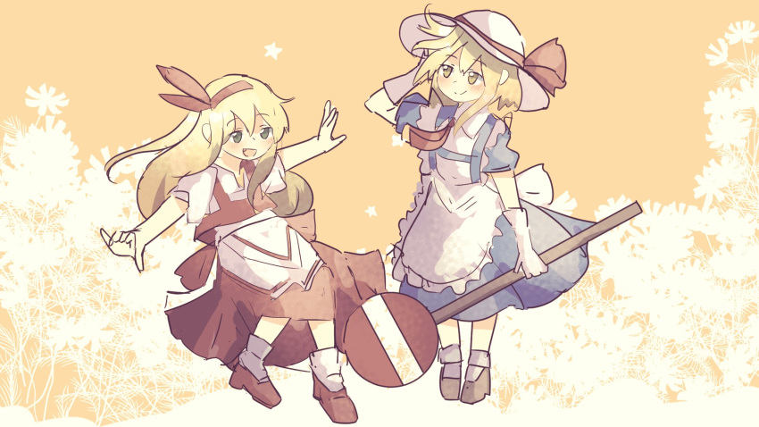 2girls apron ascot blonde_hair blue_dress bow brown_footwear closed_mouth dress elbow_gloves ellen_(touhou) eyebrows_visible_through_hair full_body gloves green_eyes hat hat_bow highres kana_anaberal multiple_girls nagatsuki_kei_(nagatsuki22) open_mouth puffy_short_sleeves puffy_sleeves red_bow red_footwear red_neckwear red_skirt red_vest road_sign shirt short_hair short_sleeves sign skirt smile socks touhou touhou_(pc-98) vest white_apron white_headwear white_shirt yellow_eyes