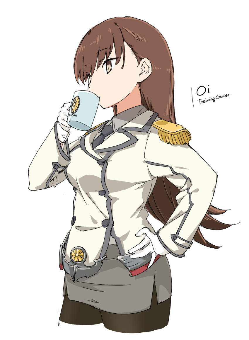 1girl aka_ringo black_legwear brown_eyes brown_hair buttons character_name collared_shirt cosplay cropped_legs cup double-breasted drinking epaulettes grey_skirt hand_on_hip highres kantai_collection katori_(kancolle) katori_(kancolle)_(cosplay) kikumon long_hair military military_uniform mug necktie ooi_(kancolle) pantyhose pencil_skirt shirt simple_background skirt solo uniform white_background