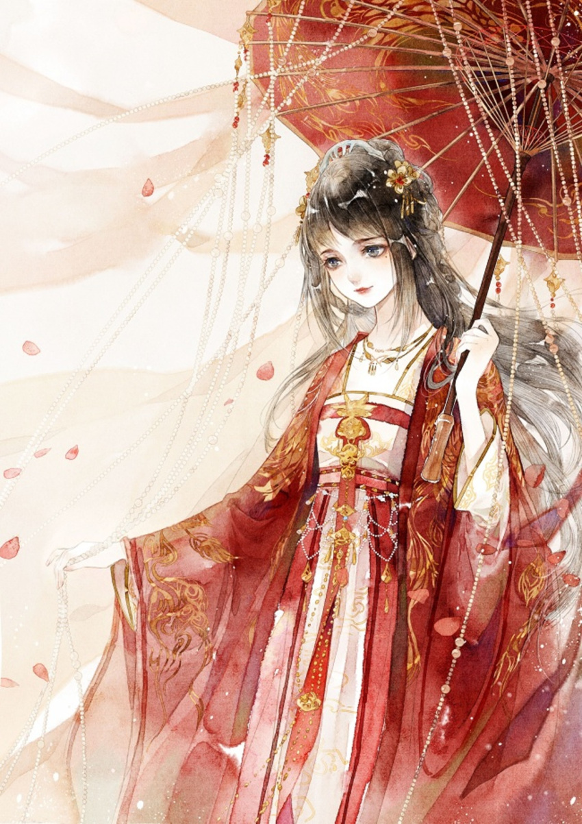 1girl black_hair brooch chain china_dress chinese_clothes dress hair_ornament hanfu highres holding holding_umbrella jewelry long_hair long_sleeves necklace original pearl_(gemstone) petals qingming red_dress red_lips see-through_sleeves silk sleeves_past_wrists solo transparent umbrella