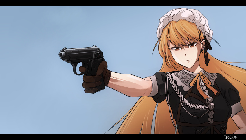 1girl artist_name black_dress black_gloves blonde_hair blue_background breasts brown_eyes closed_mouth cross cross_earrings dress earrings eyebrows_visible_through_hair girls_frontline gloves gun hair_ornament hairclip handgun highres holding holding_gun holding_weapon jewelry long_hair looking_away maid_headdress neck_ribbon ppk_(girls'_frontline) ribbon serious simple_background small_breasts solo treeman upper_body walther walther_ppk weapon