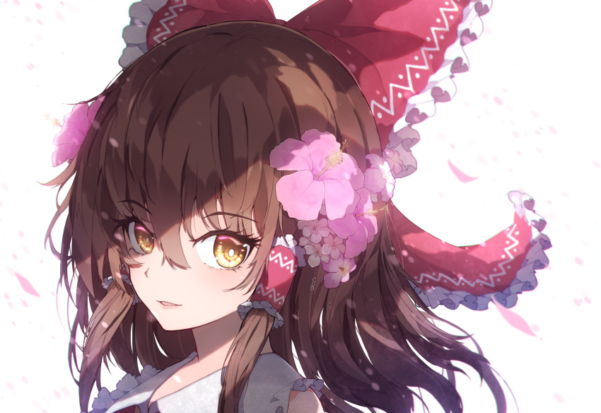 1girl bangs blush bow brown_eyes brown_hair chiroru_(cheese-roll) eyebrows_visible_through_hair flower frilled_bow frilled_shirt_collar frills hair_bow hair_flower hair_ornament hair_tubes hakurei_reimu hibiscus highres lips long_hair looking_at_viewer pink_flower red_bow simple_background solo touhou white_background