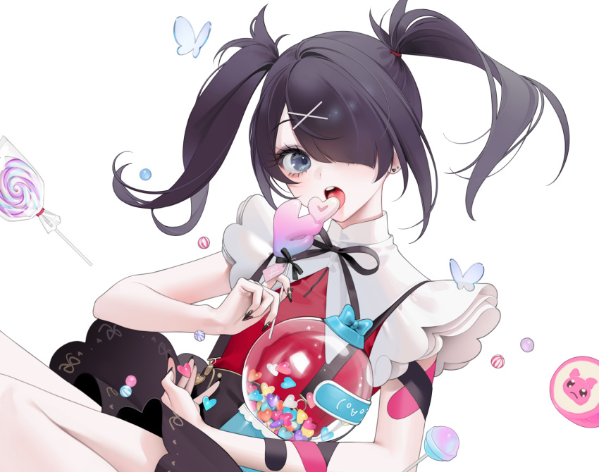 1girl ame-chan_(needy_girl_overdose) bandaid bandaid_on_arm black_hair black_nails black_ribbon black_skirt candy collared_shirt crossed_bandaids duplicate earrings food gacha grey_eyes gumball_machine hair_ornament hair_over_one_eye hair_tie hairclip heart highres holding holding_candy holding_food jewelry jirai_kei kaomoji lollipop looking_at_viewer medium_hair neck_ribbon needy_girl_overdose ohisashiburi open_mouth red_shirt ribbon shirt shirt_tucked_in simple_background skirt solo stud_earrings suspender_skirt suspenders swirl_lollipop tongue twintails white_background x_hair_ornament