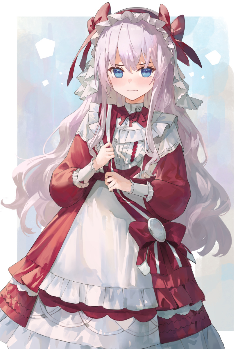 1girl bangs blue_eyes closed_mouth dress flat_chest headwear_request highres kobuta light_blush long_hair long_sleeves looking_at_viewer original pink_hair puffy_sleeves shoulder_sash solo tagme upper_body