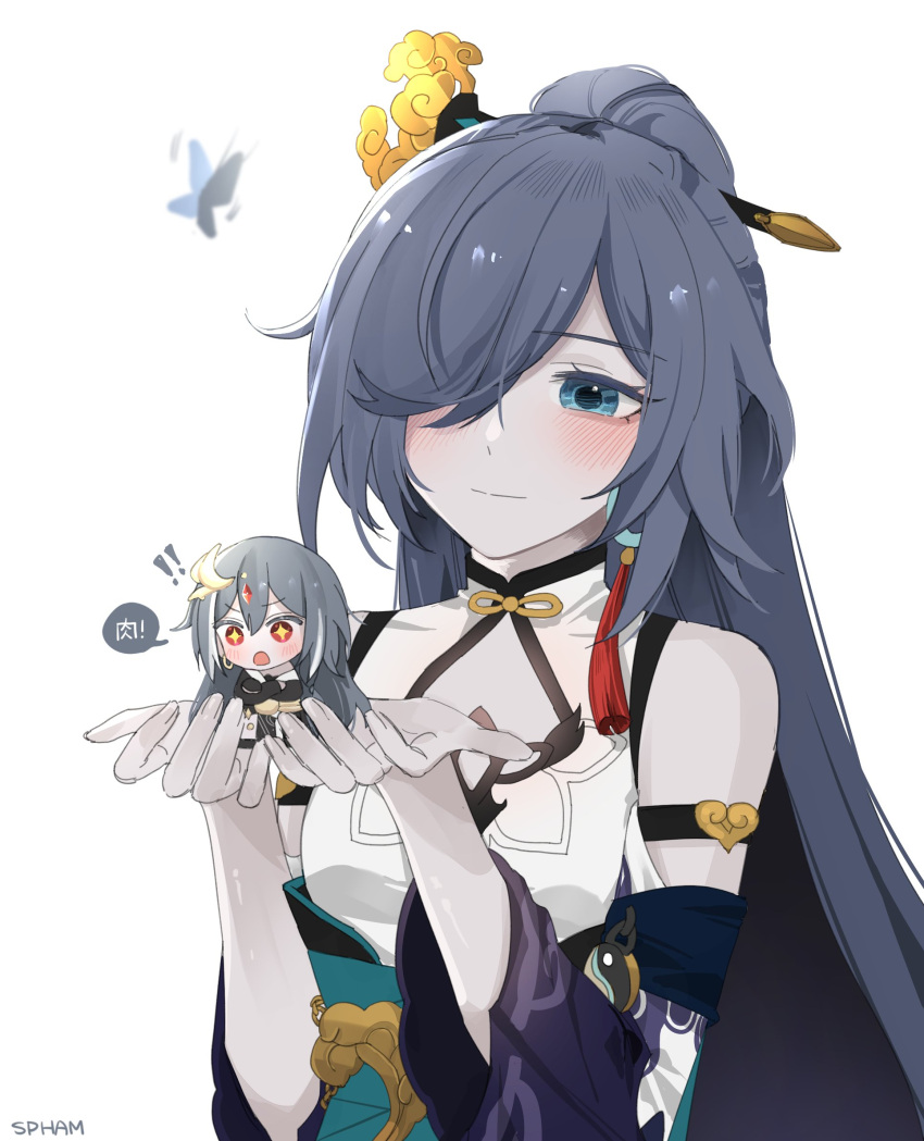 ! !! +_+ 2girls bare_shoulders black_butterfly black_hair blue_eyes blush bug butterfly chibi china_dress chinese_clothes closed_mouth dress dual_persona earrings fu_hua fu_hua_(azure_empyrea) fu_hua_(herrscher_of_sentience) hair_ornament hair_over_one_eye highres holding_another honkai_(series) honkai_impact_3rd jewelry long_hair multiple_girls open_mouth ponytail red_eyes simple_background single_earring sleeveless sleeveless_dress spham3rd white_background