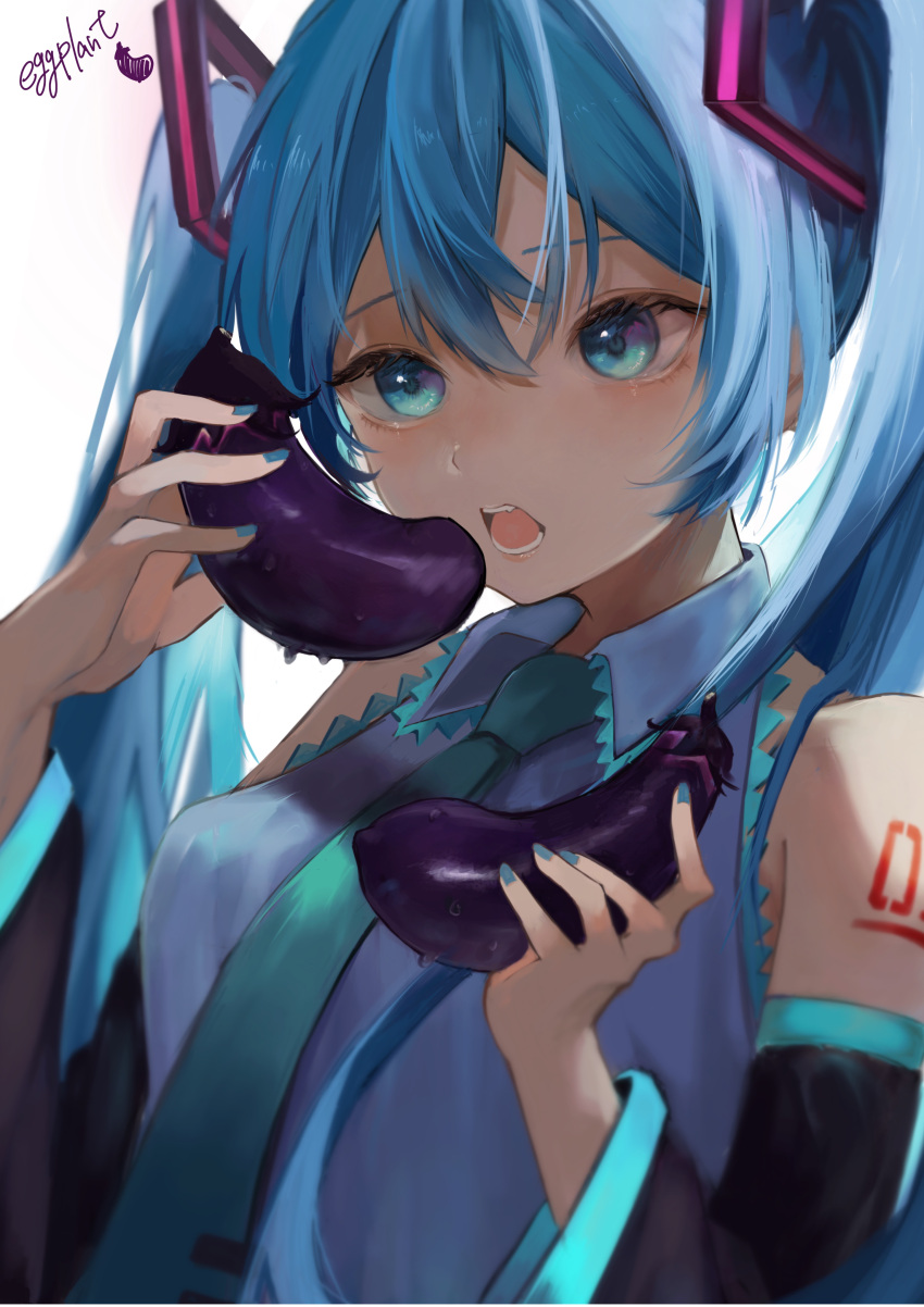 1girl absurdres aqua_eyes aqua_neckwear bare_shoulders black_sleeves blue_hair blue_nails blue_shirt blush breasts collared_shirt detached_sleeves eating eggplant english_text food hatsune_miku highres holding holding_food long_hair long_sleeves medium_breasts nail_polish necktie number_tattoo open_mouth shirt shoulder_tattoo simple_background solo tattoo twintails upper_body vocaloid white_background yukihira_makoto