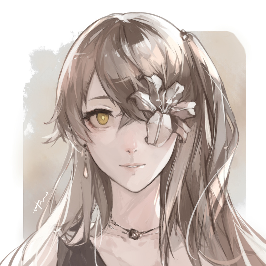 1girl 404_(girls'_frontline) closed_mouth earrings eyebrows_visible_through_hair flower flower_over_eye girls_frontline hair_between_eyes hair_flower hair_ornament hair_over_eyes hei_chuan_gui highres jewelry light_brown_hair lips long_hair looking_at_viewer necklace one_eye_covered simple_background solo ump45_(girls'_frontline) upper_body yellow_eyes