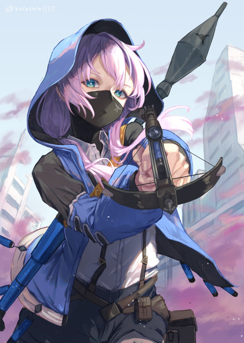 1girl aiming_at_viewer arknights black_mask black_shorts blue_eyes blue_jacket blue_poison_(arknights) brown_bag building commentary_request covered_mouth cowboy_shot crossbow from_below highres holding holding_crossbow holding_weapon hood hood_up hooded_jacket jacket long_hair looking_at_viewer low_twintails mask mouth_mask outdoors pink_hair pouch rocket_launcher roco_(rocoroco1115) rpg shirt shorts skyscraper solo twintails vial weapon weapon_on_back white_shirt