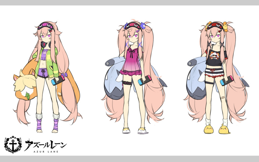 1girl absurdres azur_lane black_shirt green_hoodie highres hood hoodie long_hair midriff multiple_views nintendo_switch off-shoulder_shirt off_shoulder official_alternate_costume official_art purple_nightgown shirt short_sleeves simple_background sketch socks suika01 twintails very_long_hair violet_eyes white_background white_legwear z26_(azur_lane) zipper