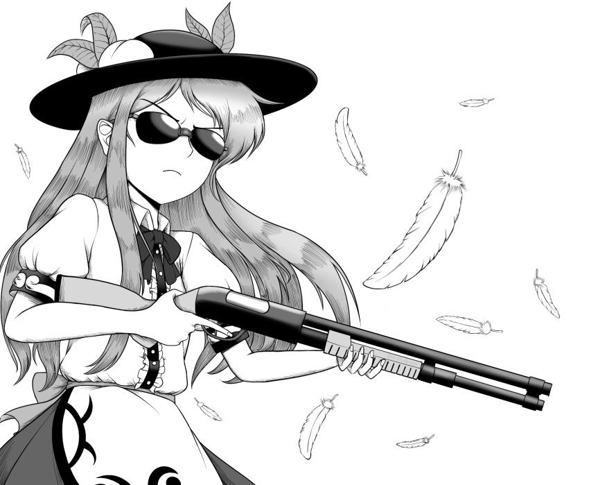 1girl bangs bow bowtie center_frills closed_mouth english_commentary feathers food frills fruit giantcavemushroom greyscale gun hat highres hinanawi_tenshi holding holding_weapon leaf long_hair monochrome peach puffy_short_sleeves puffy_sleeves short_sleeves shotgun simple_background solo standing sunglasses touhou v-shaped_eyebrows weapon