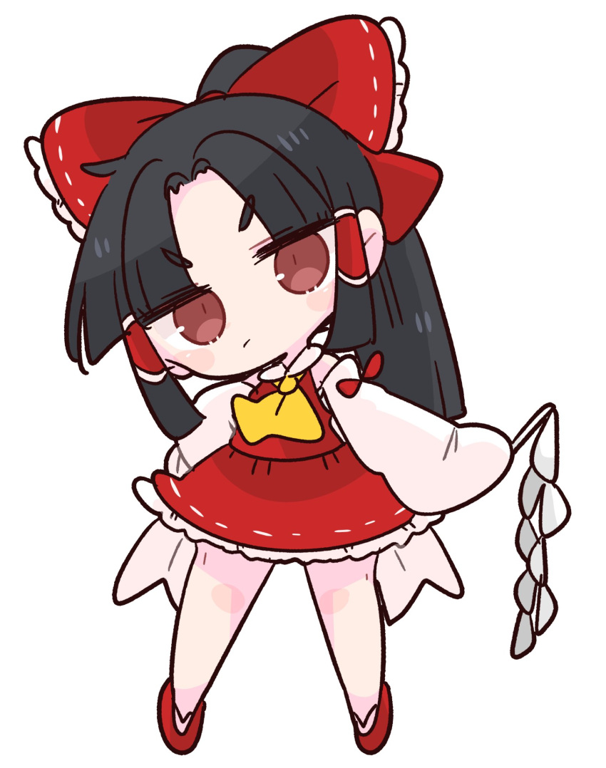 1girl ascot black_hair bow brown_eyes collar detached_sleeves frilled_bow frills gohei hair_bow hair_tubes hakurei_reimu highres long_hair nontraditional_miko op_na_yarou red_bow red_shirt red_skirt ribbon-trimmed_sleeves ribbon_trim shirt sidelocks simple_background skirt skirt_set sleeveless solo touhou white_background white_collar wide_sleeves yellow_neckwear
