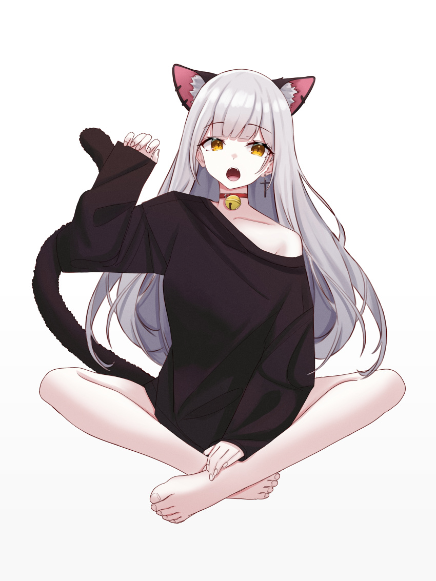 1girl absurdres animal_ears bangs bare_legs barefoot bell black_shirt blunt_bangs breasts cat_ears cat_girl cat_tail choker collarbone cross cross_earrings earrings extra_ears eyebrows_visible_through_hair fangs full_body grey_hair hand_on_own_foot hand_up highres indian_style jewelry kano_(wi3028) long_hair long_sleeves looking_at_viewer loose_clothes loose_shirt naked_shirt neck_bell open_mouth original oversized_clothes oversized_shirt shirt shirt_slip simple_background sitting solo tail white_background yellow_eyes