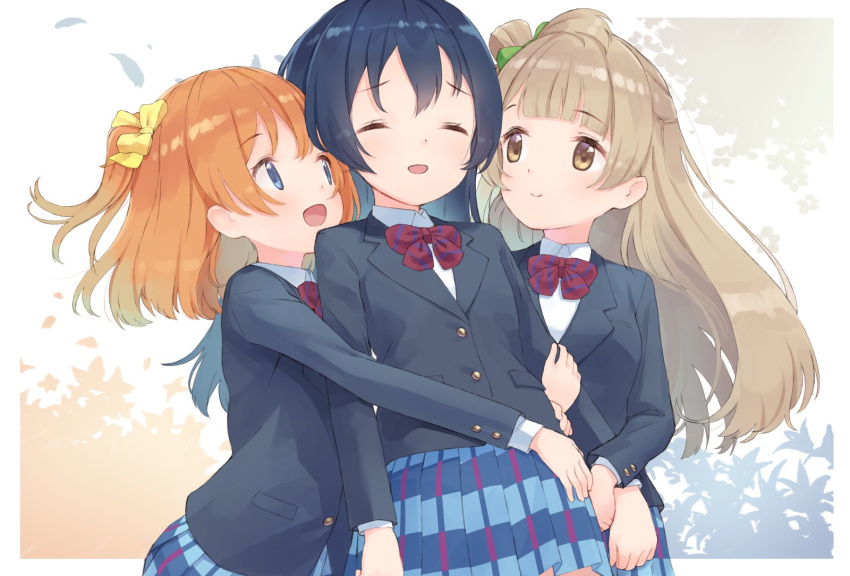 3girls arm_hug bangs blue_eyes blue_hair blue_jacket blue_skirt blush brown_eyes closed_eyes commentary_request cowboy_shot eichisu girl_sandwich grey_hair hair_between_eyes hair_ornament hairclip highres hug hug_from_behind jacket kousaka_honoka long_hair long_sleeves looking_at_viewer love_live! love_live!_school_idol_project minami_kotori multiple_girls one_side_up open_mouth orange_hair otonokizaka_school_uniform pleated_skirt red_neckwear sandwiched school_uniform simple_background skirt smile sonoda_umi striped striped_neckwear swept_bangs winter_uniform