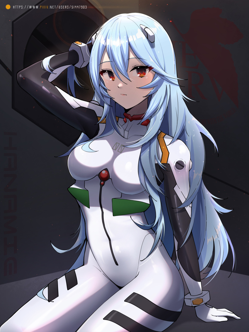 1girl absurdres adjusting_hair aqua_hair arm_support ayanami_rei bangs bodysuit bracelet commentary_request evangelion:_3.0+1.0_thrice_upon_a_time eyebrows_visible_through_hair hair_between_eyes hanami_e highres interface_headset jewelry long_hair long_sleeves looking_at_viewer neon_genesis_evangelion plugsuit rebuild_of_evangelion red_eyes sidelocks simple_background sitting solo white_bodysuit