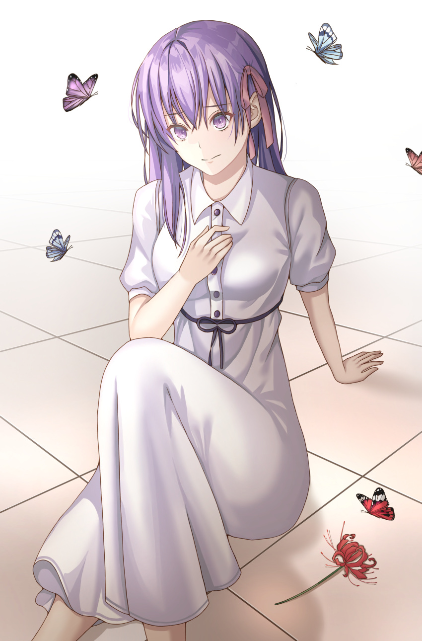 1girl absurdres arm_support bug butterfly dress fate/stay_night fate_(series) flower heaven's_feel highres hwa_n01 long_hair looking_at_viewer matou_sakura pink_ribbon purple_hair ribbon solo spider_lily tile_floor tiles violet_eyes white_dress