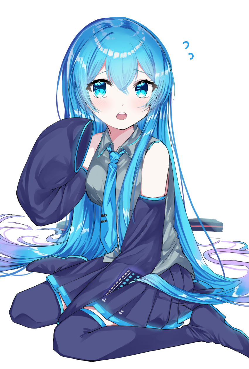 1girl absurdres bare_shoulders between_legs black_legwear black_skirt black_sleeves blue_eyes blue_hair blue_neckwear boots commentary detached_sleeves flying_sweatdrops grey_shirt gumii42 hair_ornament_removed hair_undone hand_between_legs hatsune_miku highres long_hair looking_at_viewer miniskirt necktie open_mouth pleated_skirt shirt sitting skirt sleeveless sleeveless_shirt sleeves_past_fingers sleeves_past_wrists solo thigh-highs thigh_boots very_long_hair vocaloid wariza white_background