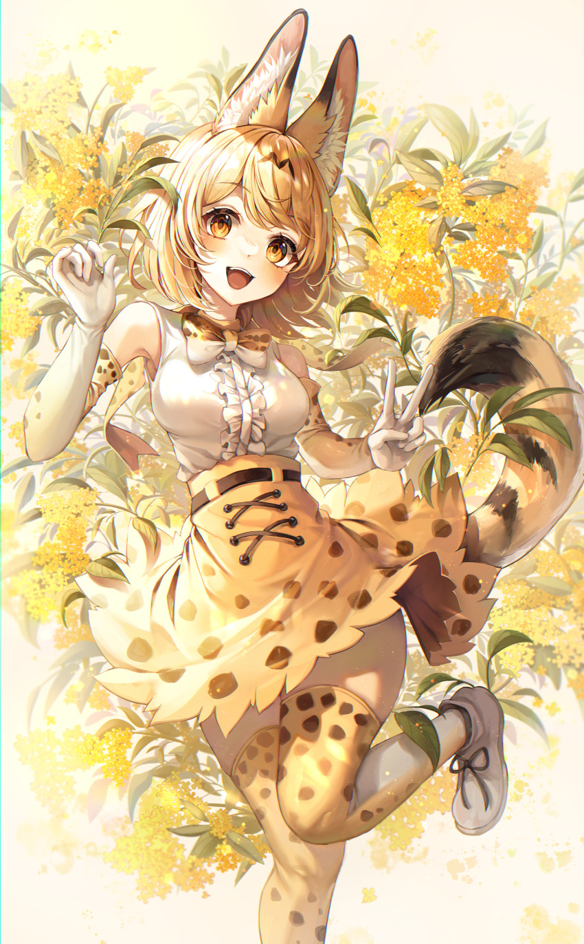1girl :d absurdres animal_ear_fluff animal_ears animal_print bangs bare_shoulders blonde_hair blush boots bow bowtie breasts cat_ears cat_girl cat_tail center_frills commentary_request elbow_gloves eyebrows_visible_through_hair foot_out_of_frame frills gloves high-waist_skirt highres kemono_friends looking_at_viewer medium_breasts mirage_(rairudiseu) open_mouth print_gloves print_legwear print_neckwear print_skirt serval_(kemono_friends) serval_print shirt short_hair skirt sleeveless smile solo standing standing_on_one_leg tail thigh-highs v white_footwear white_shirt yellow_eyes zettai_ryouiki