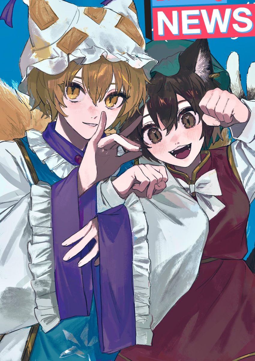 2girls animal_ear_fluff animal_ears bangs blonde_hair blue_background blush brown_eyes brown_hair cat_ears cat_tail chen commentary_request dress earrings eyebrows_behind_hair fox_ears fox_shadow_puppet fox_tail frills gold_trim gotagotay green_headwear hair_between_eyes hand_up hat highres jewelry light_smile long_sleeves looking_at_viewer mob_cap multiple_girls multiple_tails nekomata parted_lips paw_pose pillow_hat red_dress short_hair simple_background slit_pupils tabard tail teeth touhou two_tails white_headwear wide_sleeves yakumo_ran yellow_eyes