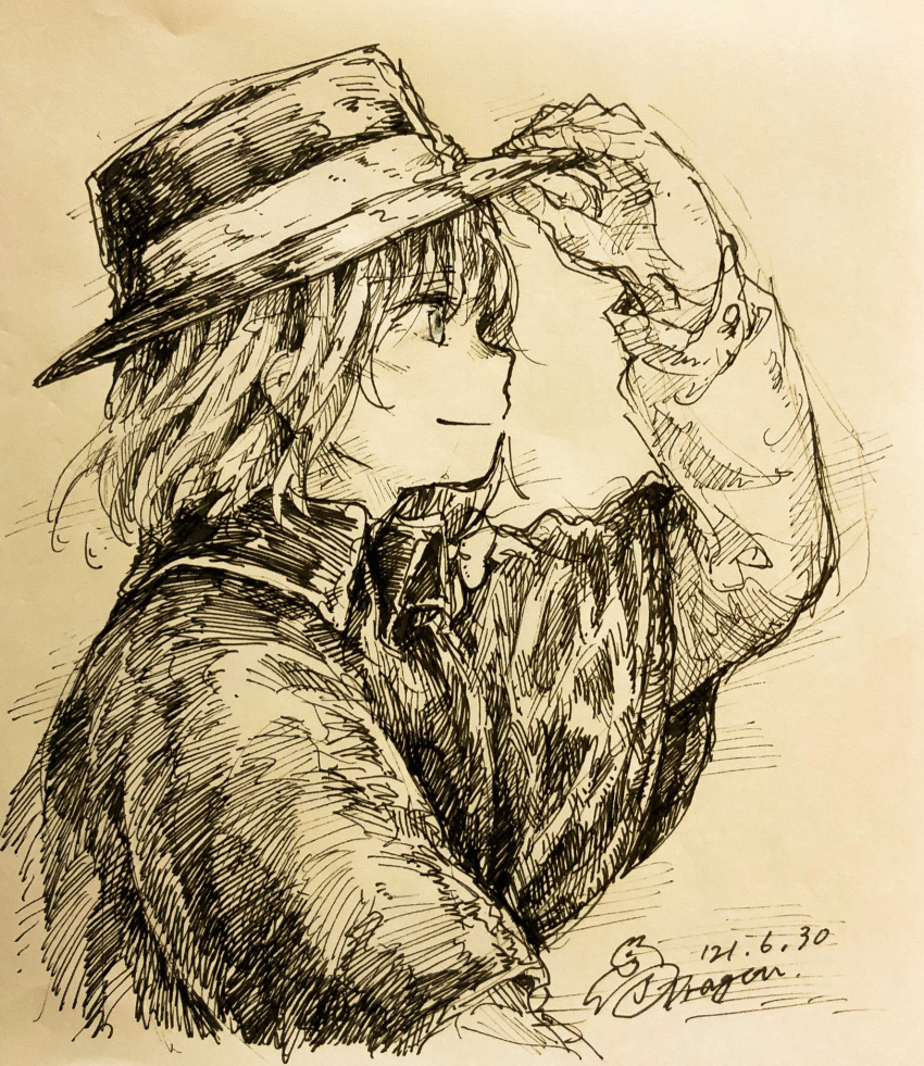 1girl black_headwear capelet closed_mouth fedora hat highres holding holding_clothes holding_hat j-dragon long_sleeves monochrome short_hair signature smile touhou traditional_media usami_renko