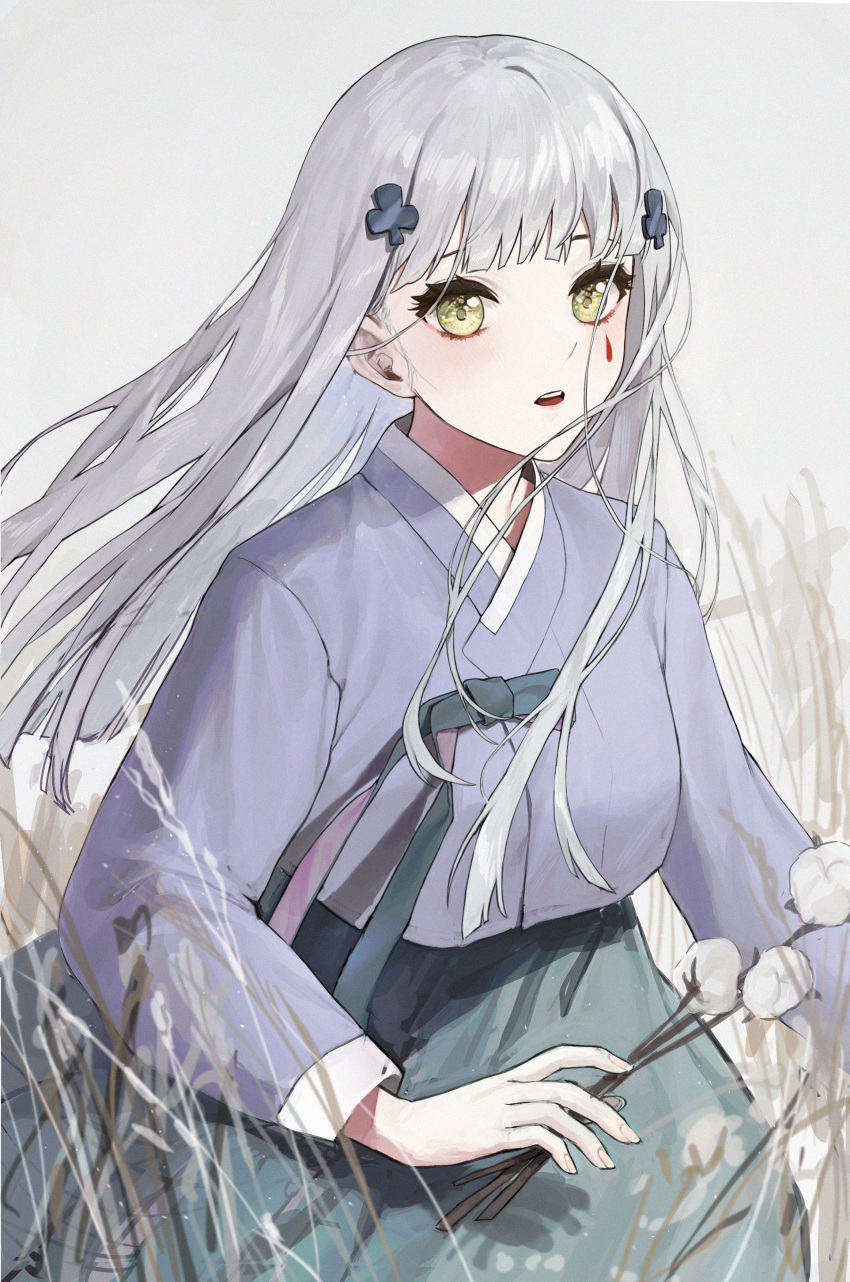 1girl absurdres alternate_costume bangs blunt_bangs blush cotton_ball cowboy_shot facial_mark girls_frontline green_eyes hanbok highres hk416_(girls'_frontline) holding kir_(khw66136132) korean_clothes long_hair long_sleeves looking_at_viewer silver_hair simple_background solo white_background wide_sleeves