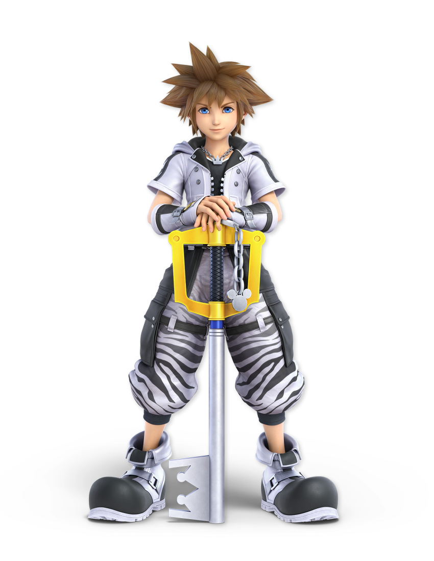 1boy 3d animal_print arm_warmers artist_request baggy_pants bangs black_footwear black_shirt blue_eyes brown_hair buttons chain closed_mouth coat collarbone disney full_body hands_on_hilt hands_up happy highres holding holding_sword holding_weapon hood hood_down hooded_coat jewelry keyblade kingdom_hearts kingdom_hearts_iii looking_at_viewer male_focus mickey_mouse necklace official_art open_clothes open_coat own_hands_together pants pocket shirt shoes short_hair short_sleeves sidelocks smile solo sora_(kingdom_hearts) spiky_hair standing straight-on striped striped_pants super_smash_bros. sword transparent_background v-shaped_eyebrows weapon white_coat zebra_print zipper
