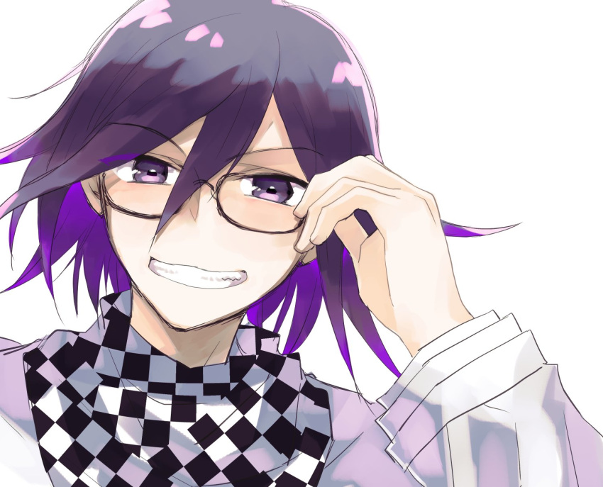 1boy bangs bespectacled checkered checkered_neckwear checkered_scarf colored_inner_hair danganronpa_(series) danganronpa_v3:_killing_harmony glasses grey_background grin hair_between_eyes hand_up highres male_focus multicolored_hair ouma_kokichi purple_hair scarf sharp_teeth shiny shiny_hair simple_background smile solo sumika_(rrz03) teeth violet_eyes