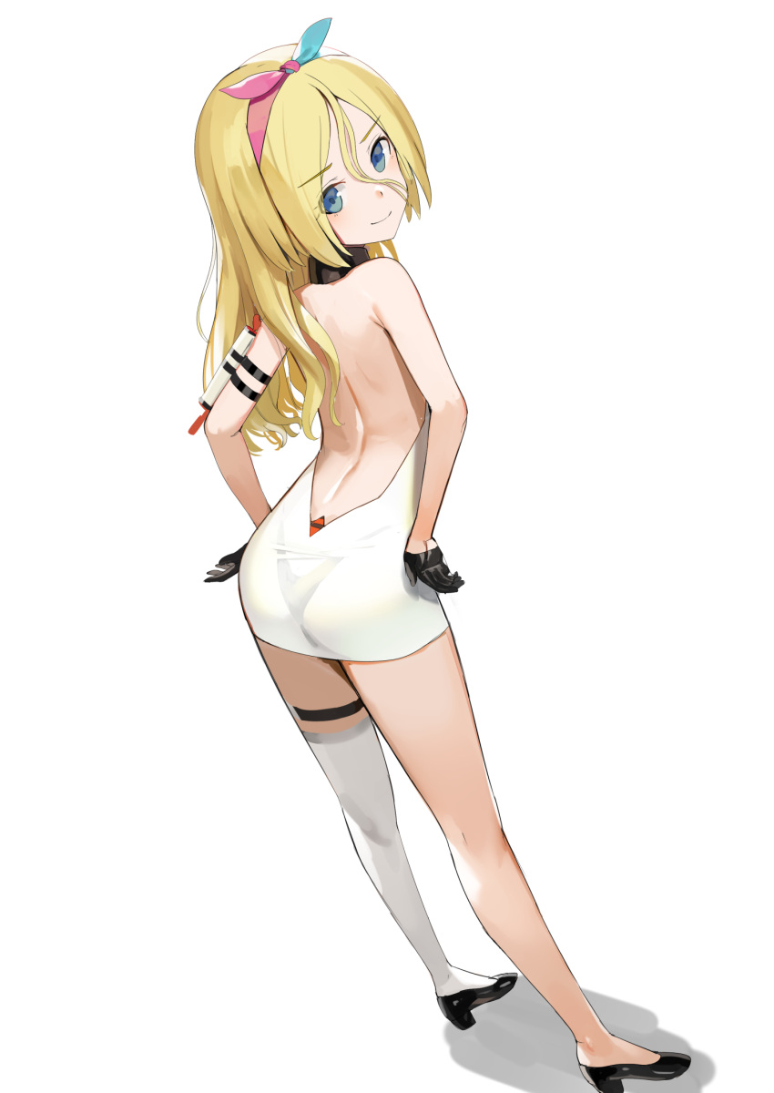 alice_gear_aegis bare_back black_gloves black_panties blonde_hair blue_eyes blue_hairband dress gloves hairband half_gloves hands_on_hips highres looking_back miyaminami_hikari multicolored_hairband panties pink_hairband short_dress sunga2usagi syringe t-back underwear white_background white_dress