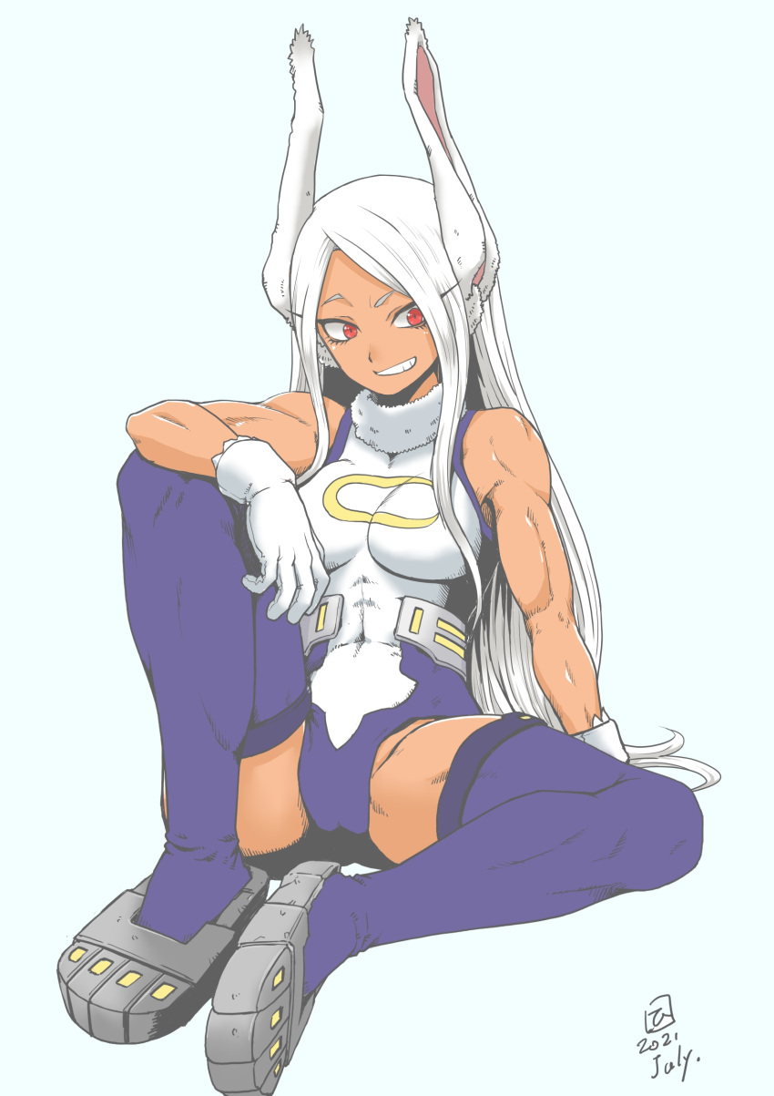 1girl absurdres animal_ears arm_on_knee biceps boku_no_hero_academia crescent_print dark-skinned_female dark_skin dated gloves highres knee_up leotard long_eyelashes long_hair mirko muscular muscular_female muscular_male on_floor oonuma_hiroshi rabbit_ears rabbit_girl red_eyes simple_background sitting smirk solo superhero taut_leotard teeth thick_thighs thigh-highs thighs white_background white_gloves white_hair