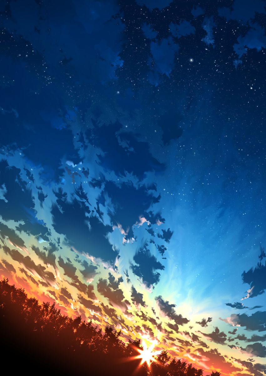 absurdres clouds cloudy_sky commentary_request dutch_angle highres lens_flare mitsukasa night night_sky no_humans original outdoors scenery silhouette sky star_(sky) sun sunlight sunset tree